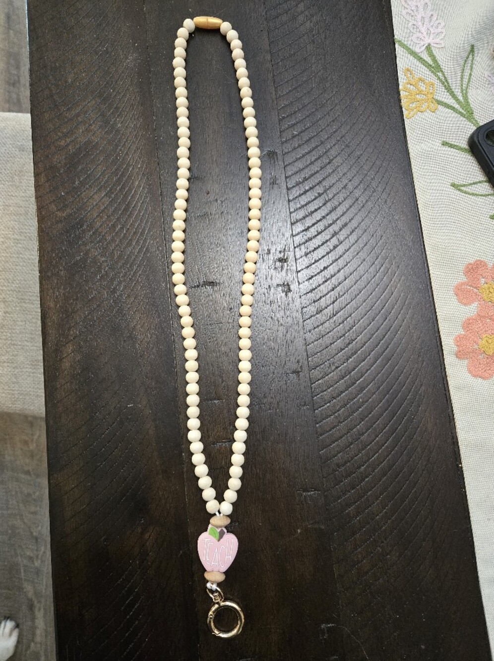 Teacher Lanyard Simple Neutral With Cream Beads and Apple Heart with "Teach"
